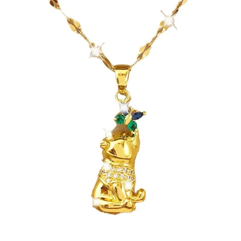 Gold electroplated copper necklace with micro inlaid zircon bear and butterfly, heart pendant, lip chain 41-50cm