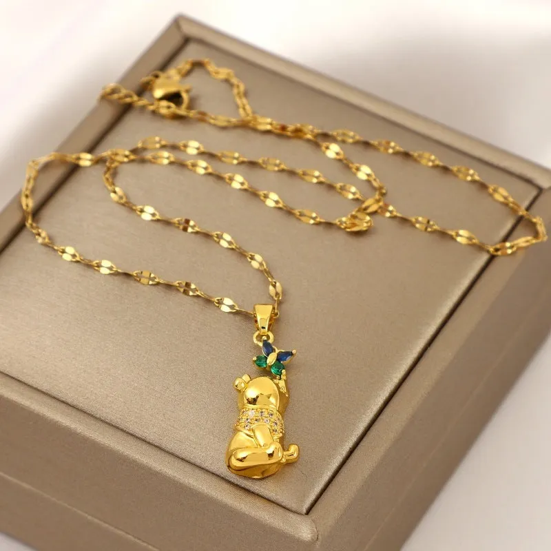 Gold electroplated copper necklace with micro inlaid zircon bear and butterfly, heart pendant, lip chain 41-50cm