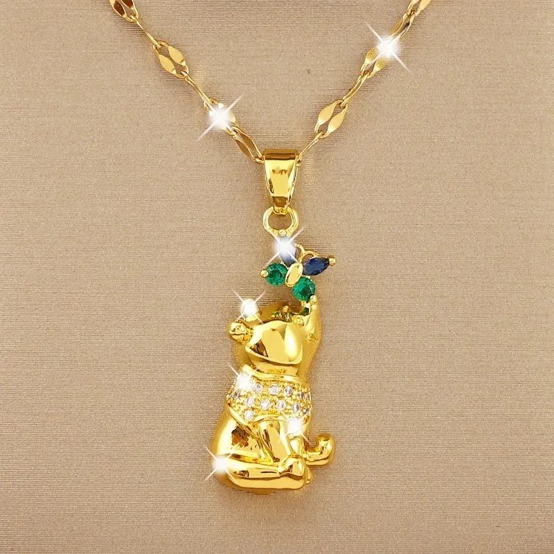 Gold electroplated copper necklace with micro inlaid zircon bear and butterfly, heart pendant, lip chain 41-50cm