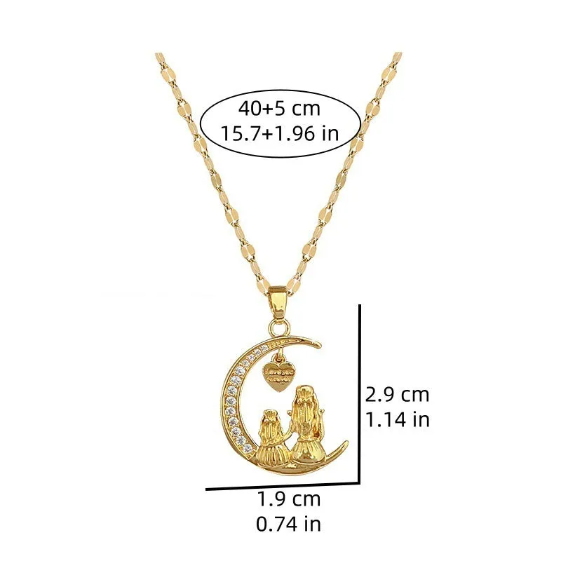 Gold 18K plated heart shape full diamond necklace with moon motif on twisted copper chain
