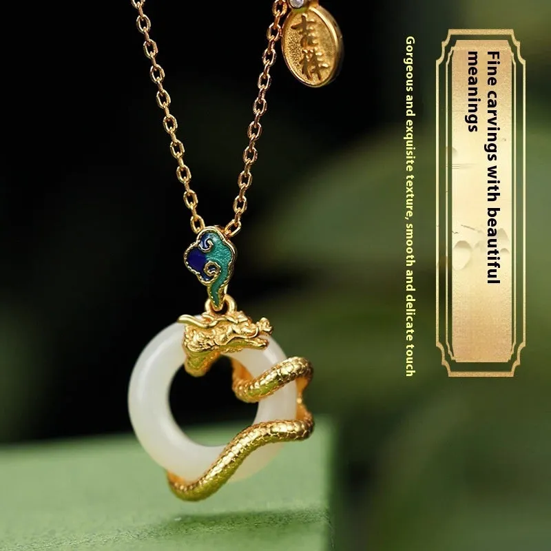 925 silver Hetian jade women's pendant necklace with carved dragon peace buckle design and adjustable cross chain