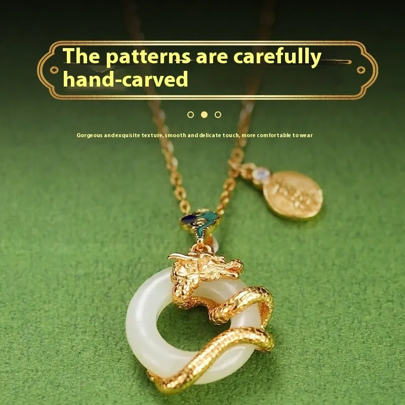 925 silver Hetian jade women's pendant necklace with carved dragon peace buckle design and adjustable cross chain