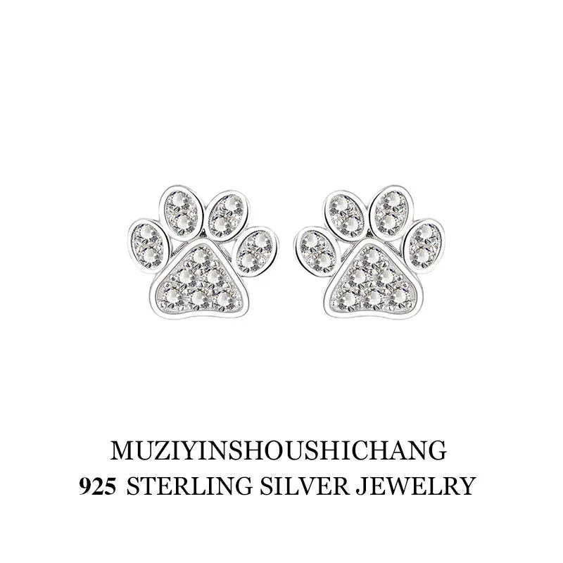 Pair of 925 sterling silver cat's paw stud earrings with full zircon surface, silver colour, 1.5 cm diameter