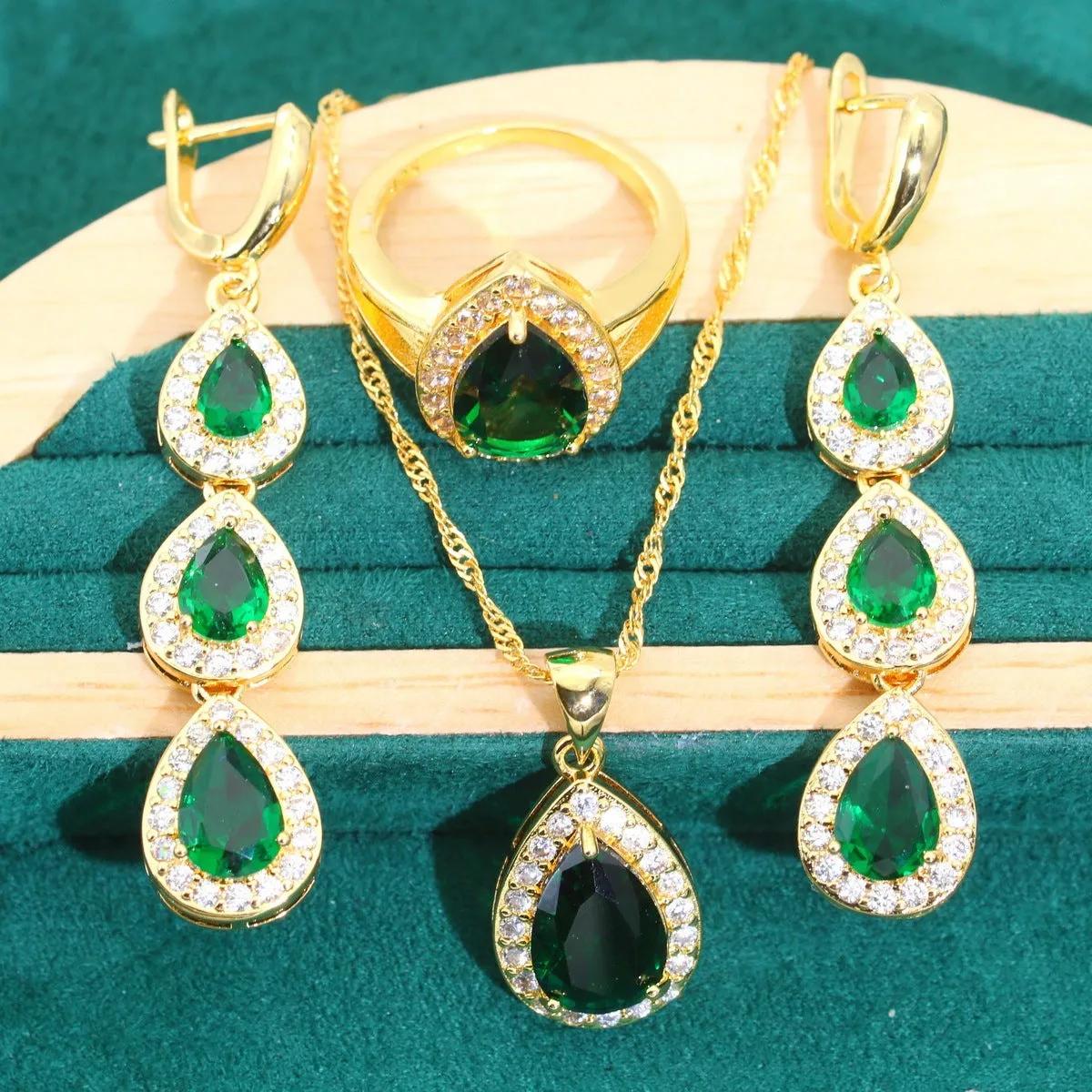 Blue water drop zircon 3-piece jewellery set with copper inlaid zircon, necklace earrings ring, retro auspicious patterns