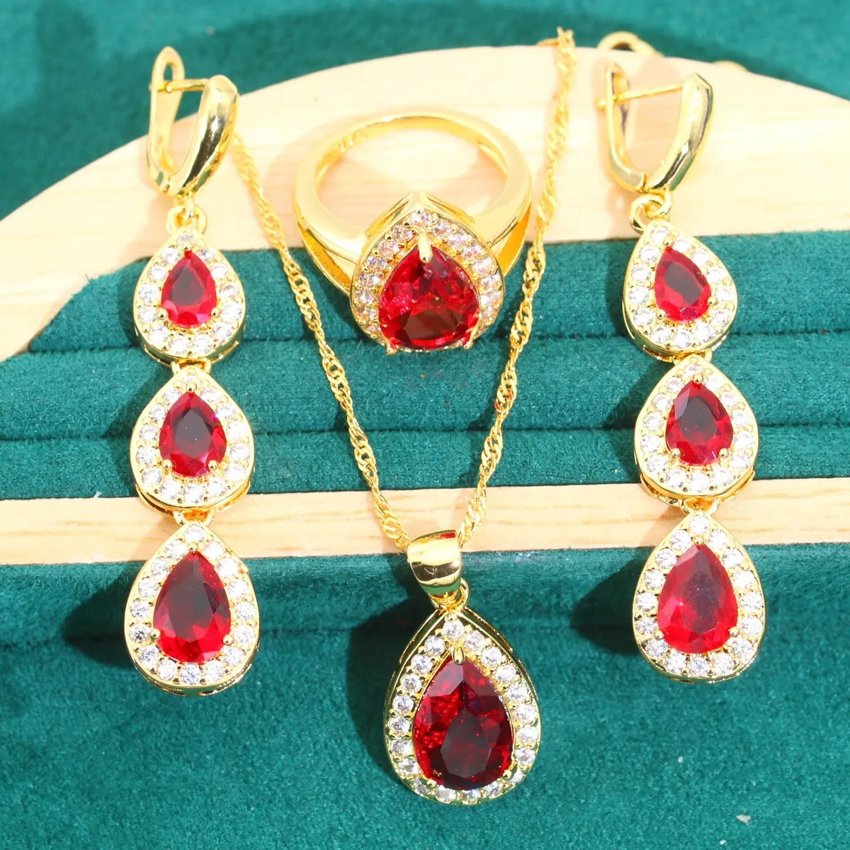 Blue water drop zircon 3-piece jewellery set with copper inlaid zircon, necklace earrings ring, retro auspicious patterns