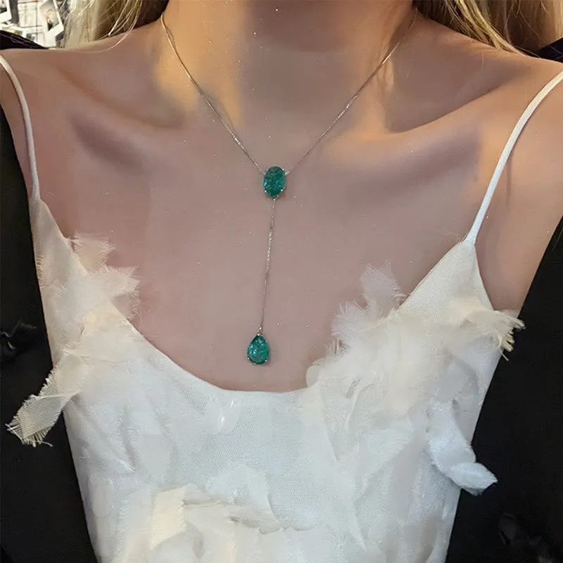 Retro rhinestone drop tassel pendant necklace on alloy claw-clavicle chain, emerald green, adjustable 51-80cm