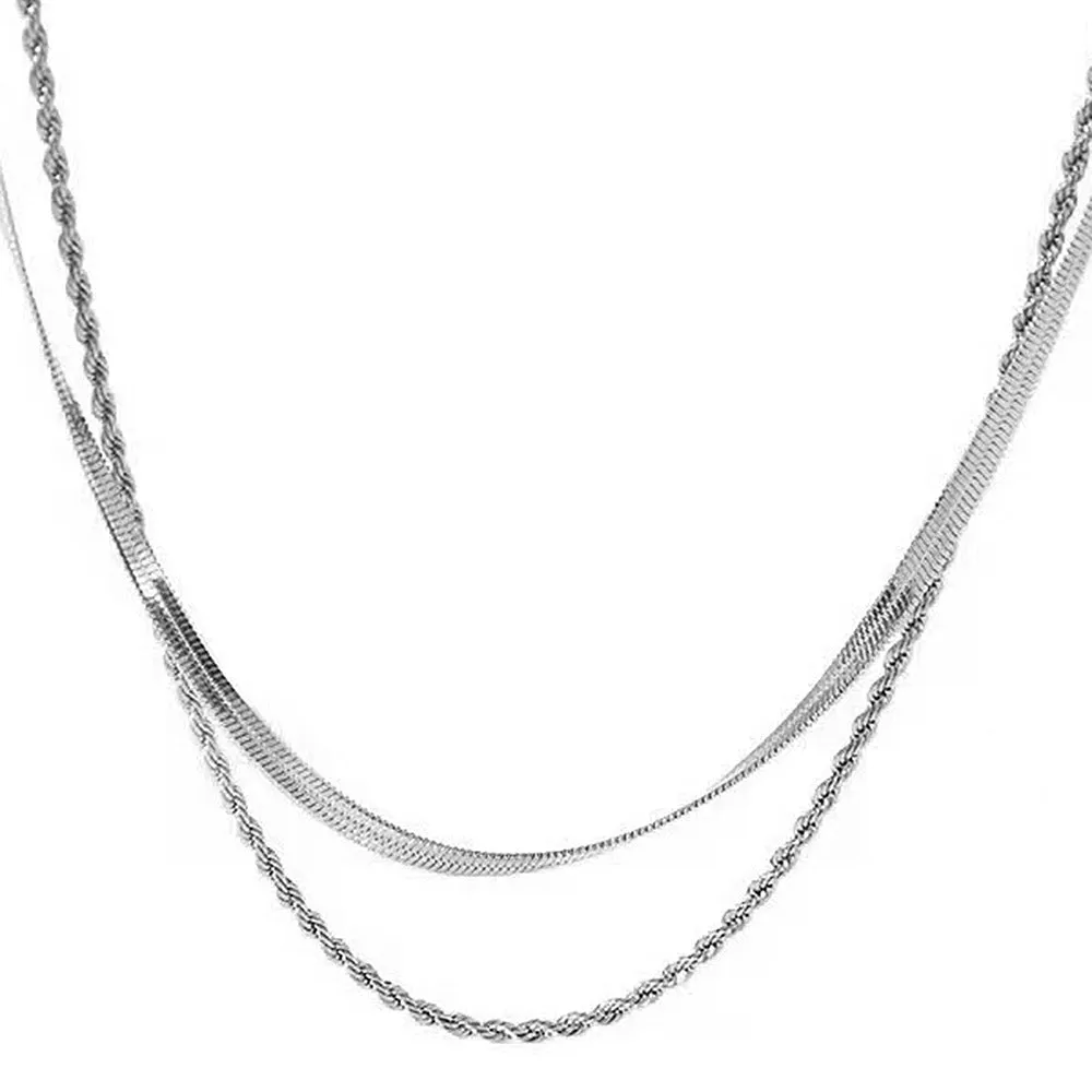 Women's retro geometric double-layer twist necklace with adjustable snake bones chain.