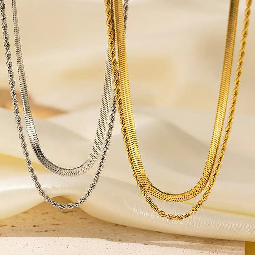 Women's retro geometric double-layer twist necklace with adjustable snake bones chain.