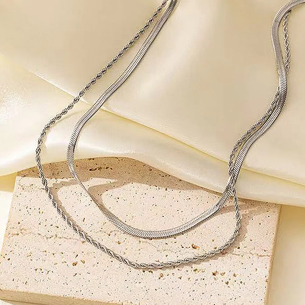 Women's retro geometric double-layer twist necklace with adjustable snake bones chain.