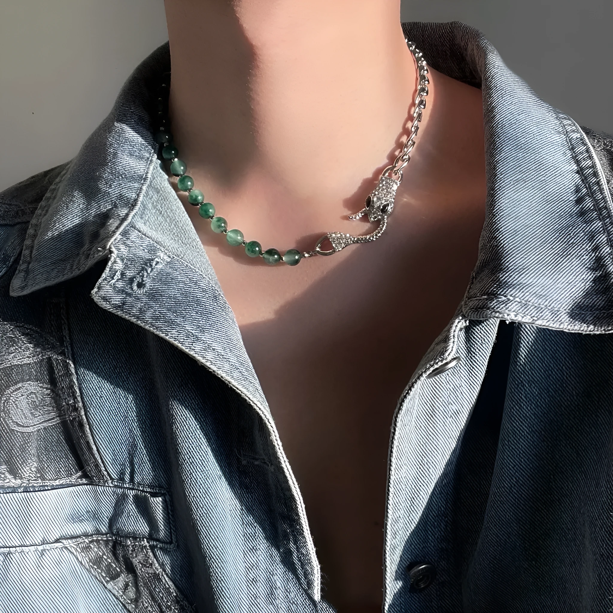 Shenlin Spirit Snake Stitching Lvzhu men's necklace in Deep Forest colour on titanium steel bone chain