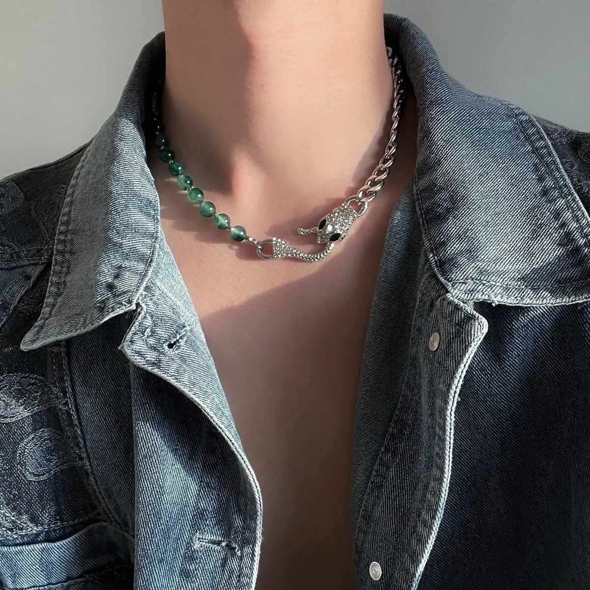 Shenlin Spirit Snake Stitching Lvzhu men's necklace in Deep Forest colour on titanium steel bone chain