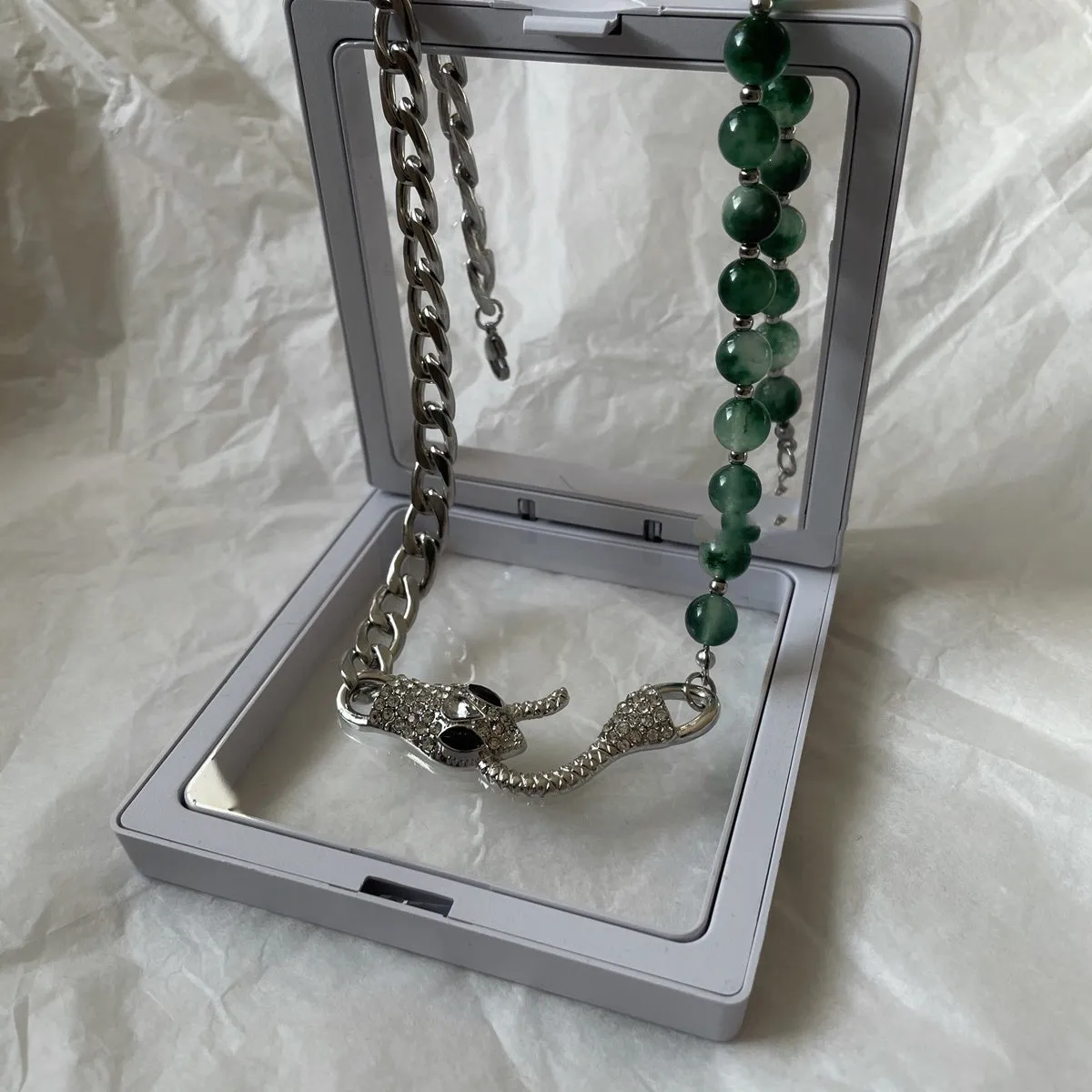 Shenlin Spirit Snake Stitching Lvzhu men's necklace in Deep Forest colour on titanium steel bone chain
