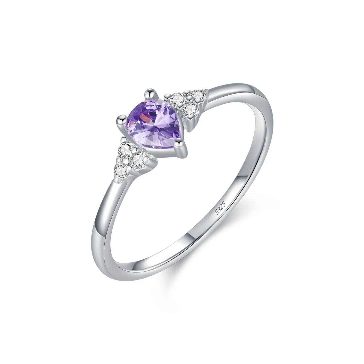 S925 sterling silver ring with purple crystal drop-shaped rhinestone on white background