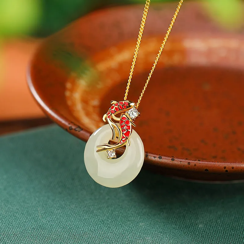 Gold-plated sterling silver pendant necklace with inlaid Hetian jade peace buckle on adjustable 925 silver Cuban link chain, colour gold