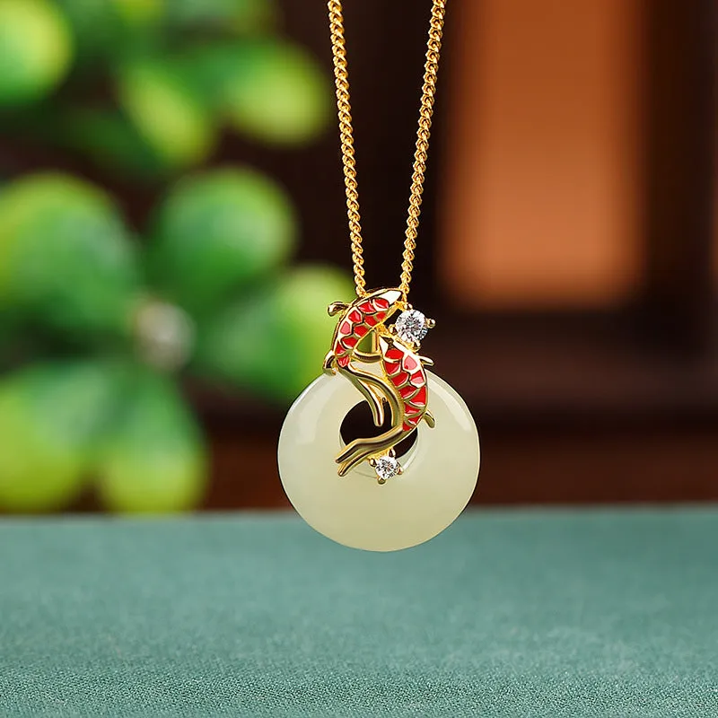 Gold-plated sterling silver pendant necklace with inlaid Hetian jade peace buckle on adjustable 925 silver Cuban link chain, colour gold