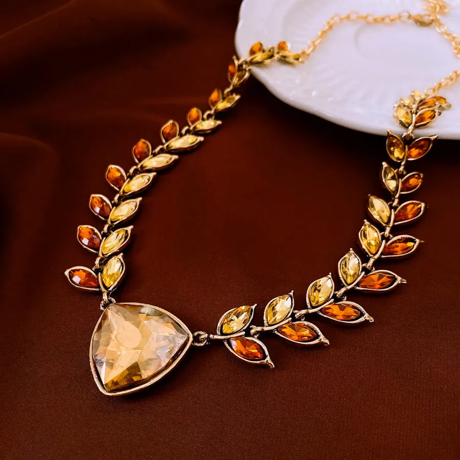 Flower shape alloy pendant necklace and earrings set in golden brown with green accents, 51-60cm adjustable chain, retro wheat design