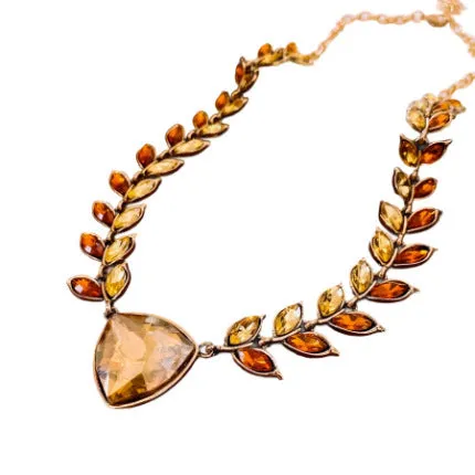 Flower shape alloy pendant necklace and earrings set in golden brown with green accents, 51-60cm adjustable chain, retro wheat design