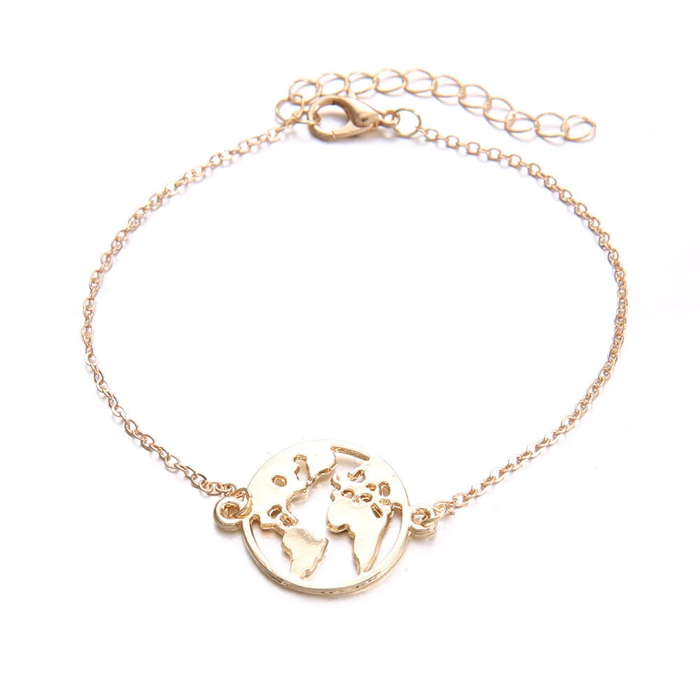 Women's bohemian aircraft map charm bracelet three-piece set with heart-shaped alloy charms