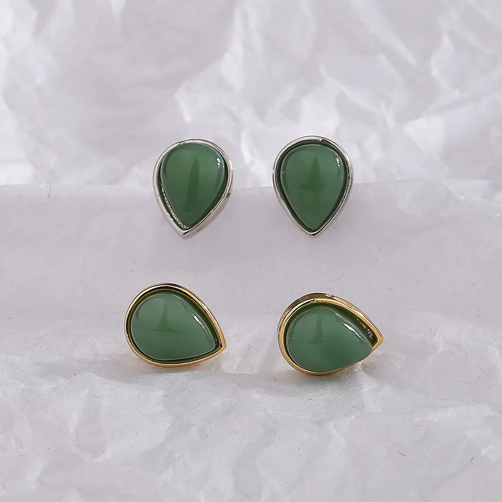 New Chinese style women's earrings copper water drop Hetian jade ear studs white gold finish