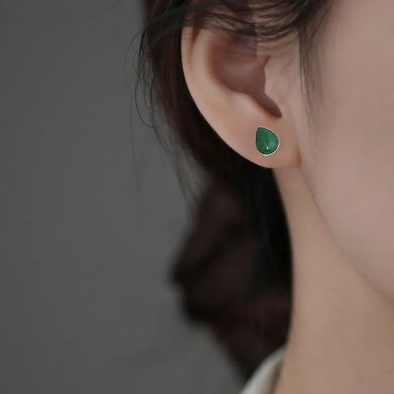 New Chinese style women's earrings copper water drop Hetian jade ear studs white gold finish