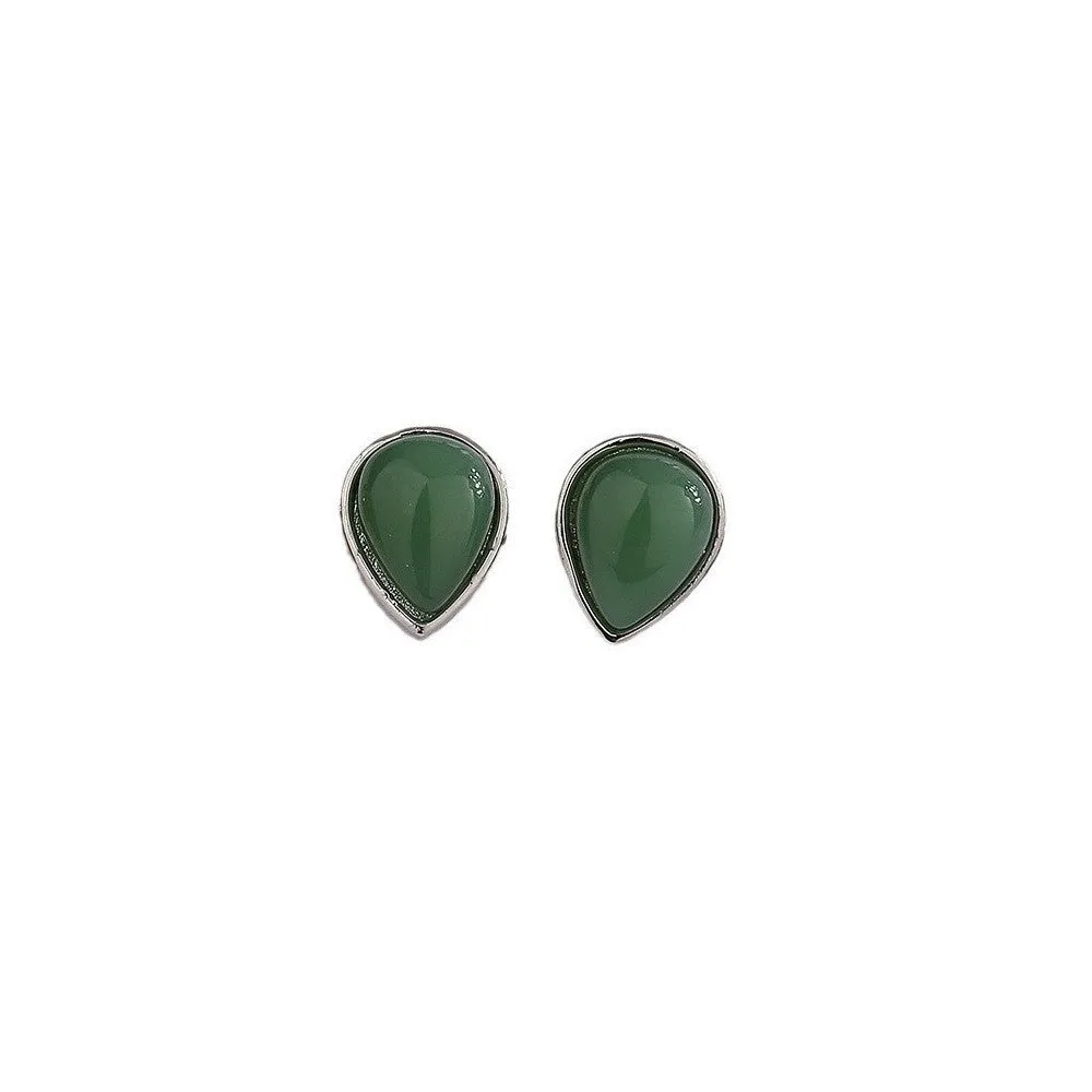 New Chinese style women's earrings copper water drop Hetian jade ear studs white gold finish