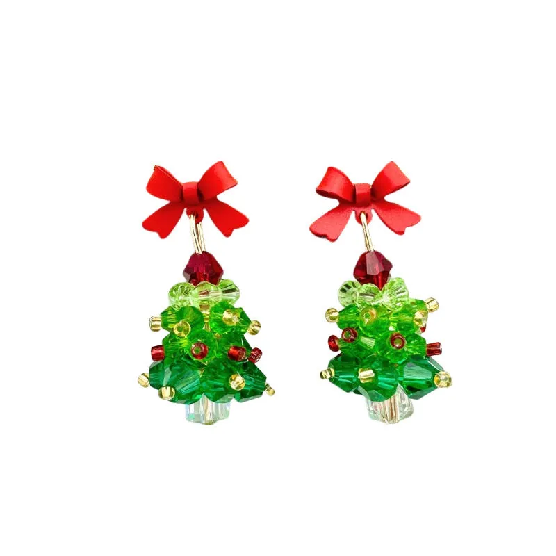Red bow handmade beaded ear stud necklace bracelet set with mixed materials in New Chinese style