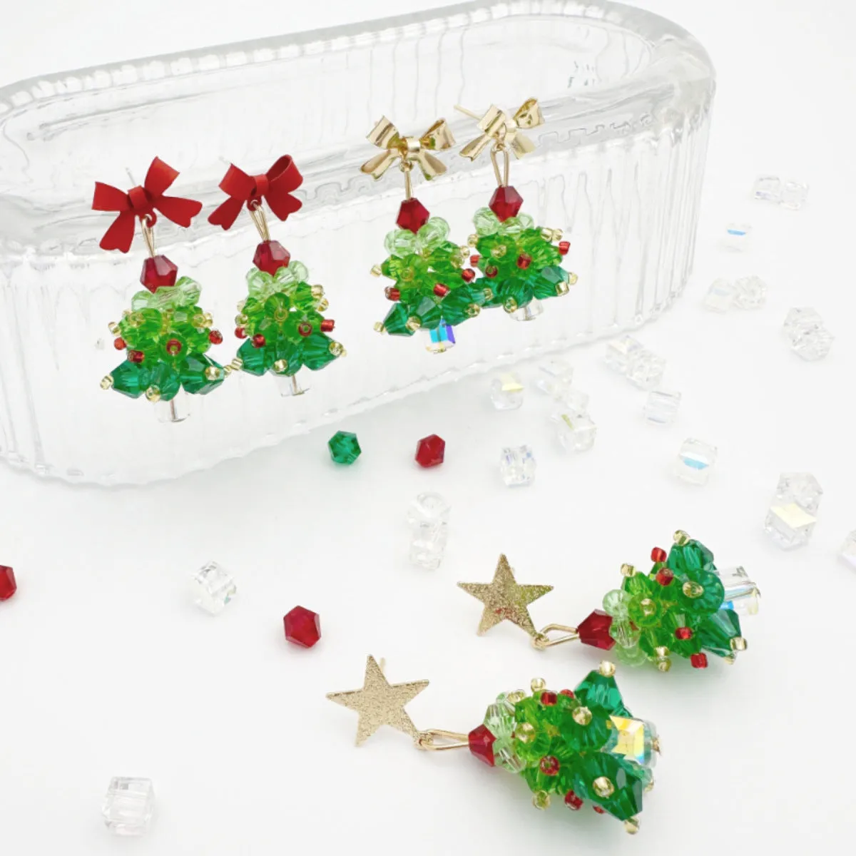 Red bow handmade beaded ear stud necklace bracelet set with mixed materials in New Chinese style