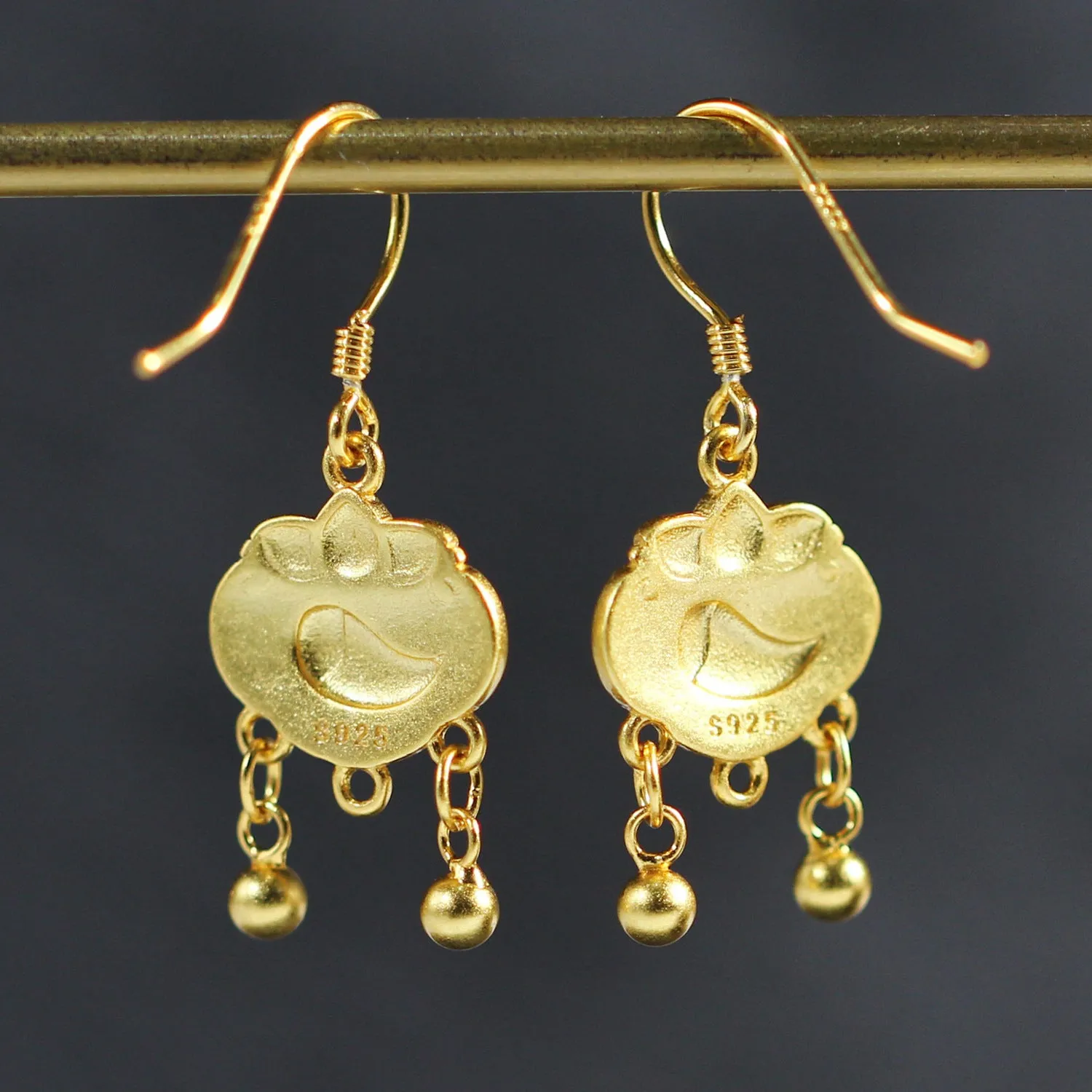 Pair of 925 silver Chinese style auspicious lock eardrops with koi carp and text motif on ear hook fitting