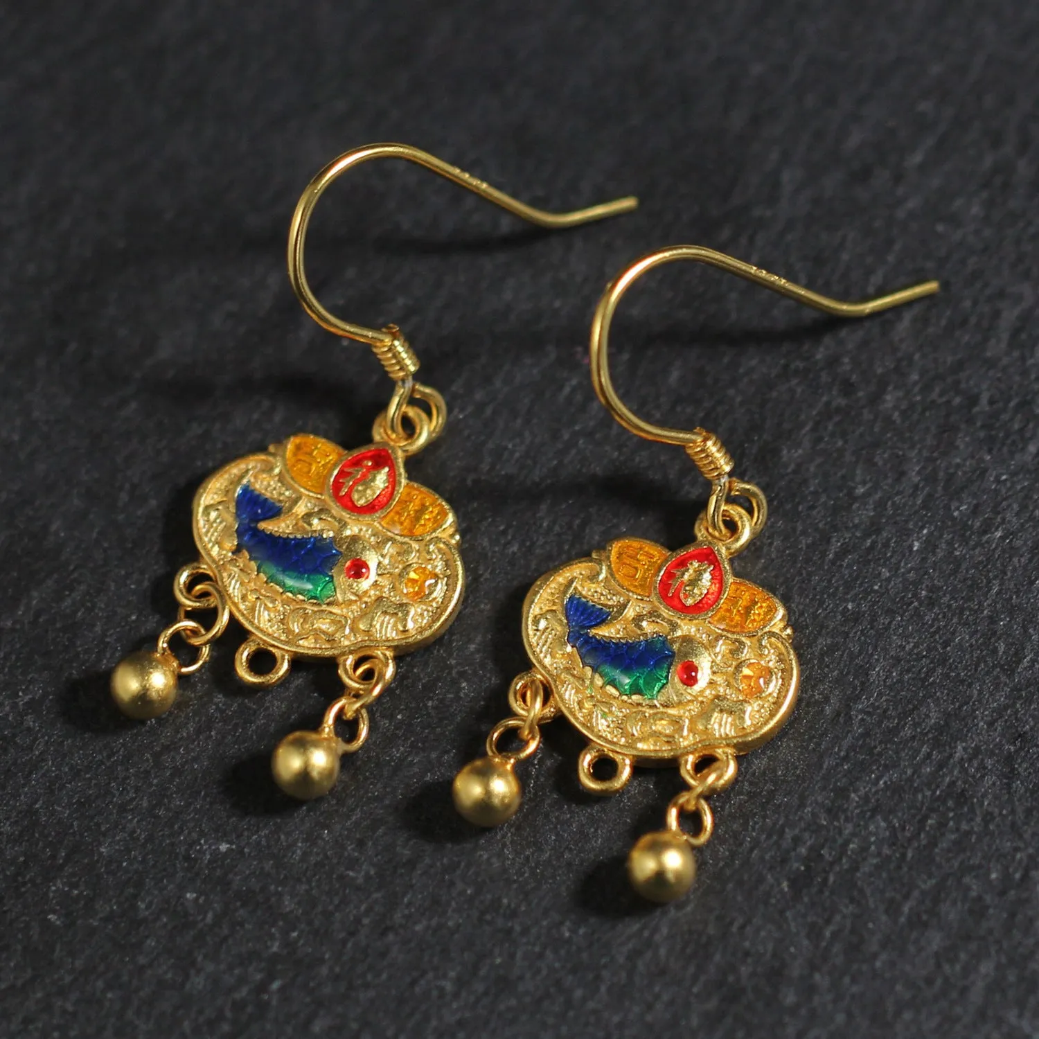 Pair of 925 silver Chinese style auspicious lock eardrops with koi carp and text motif on ear hook fitting