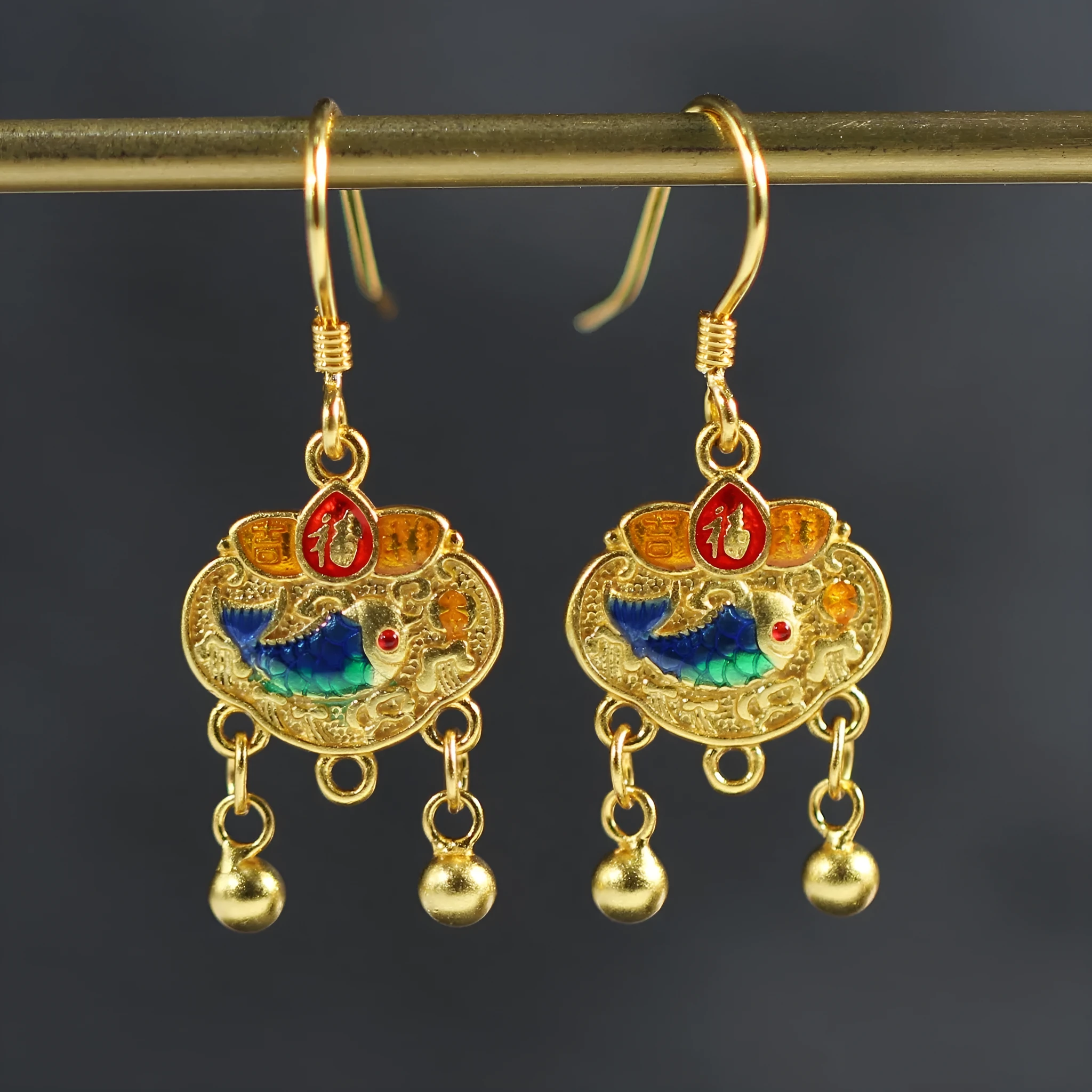 Pair of 925 silver Chinese style auspicious lock eardrops with koi carp and text motif on ear hook fitting