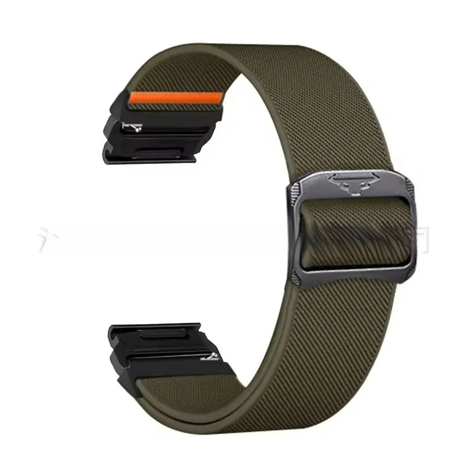 Elastic nylon watch strap with cow head buckle in army green, 22mm width