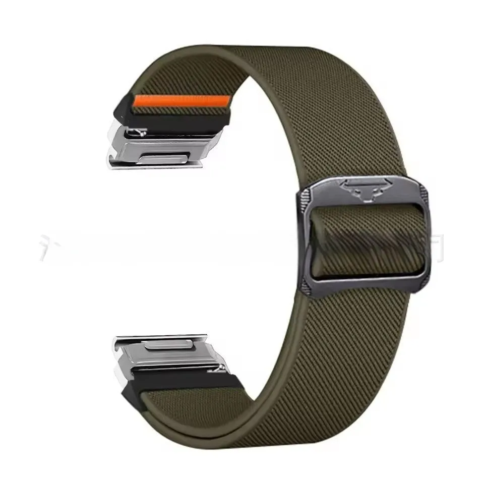 Elastic nylon watch strap with cow head buckle in army green, 22mm width