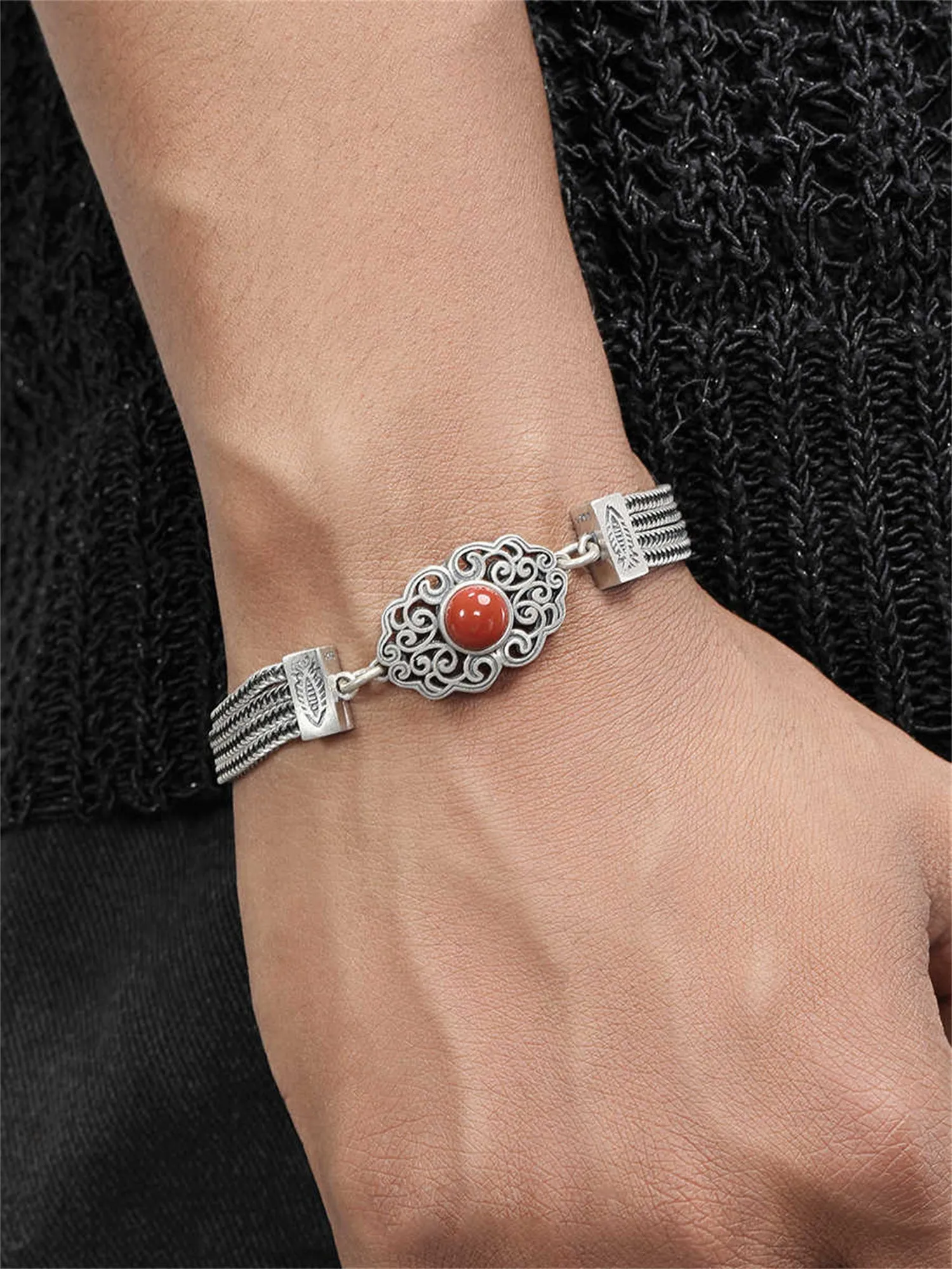 925 sterling silver vintage bracelet with gem inlay, celestial star and moon pattern, 17cm with 4cm extended chain, Xiangyun style