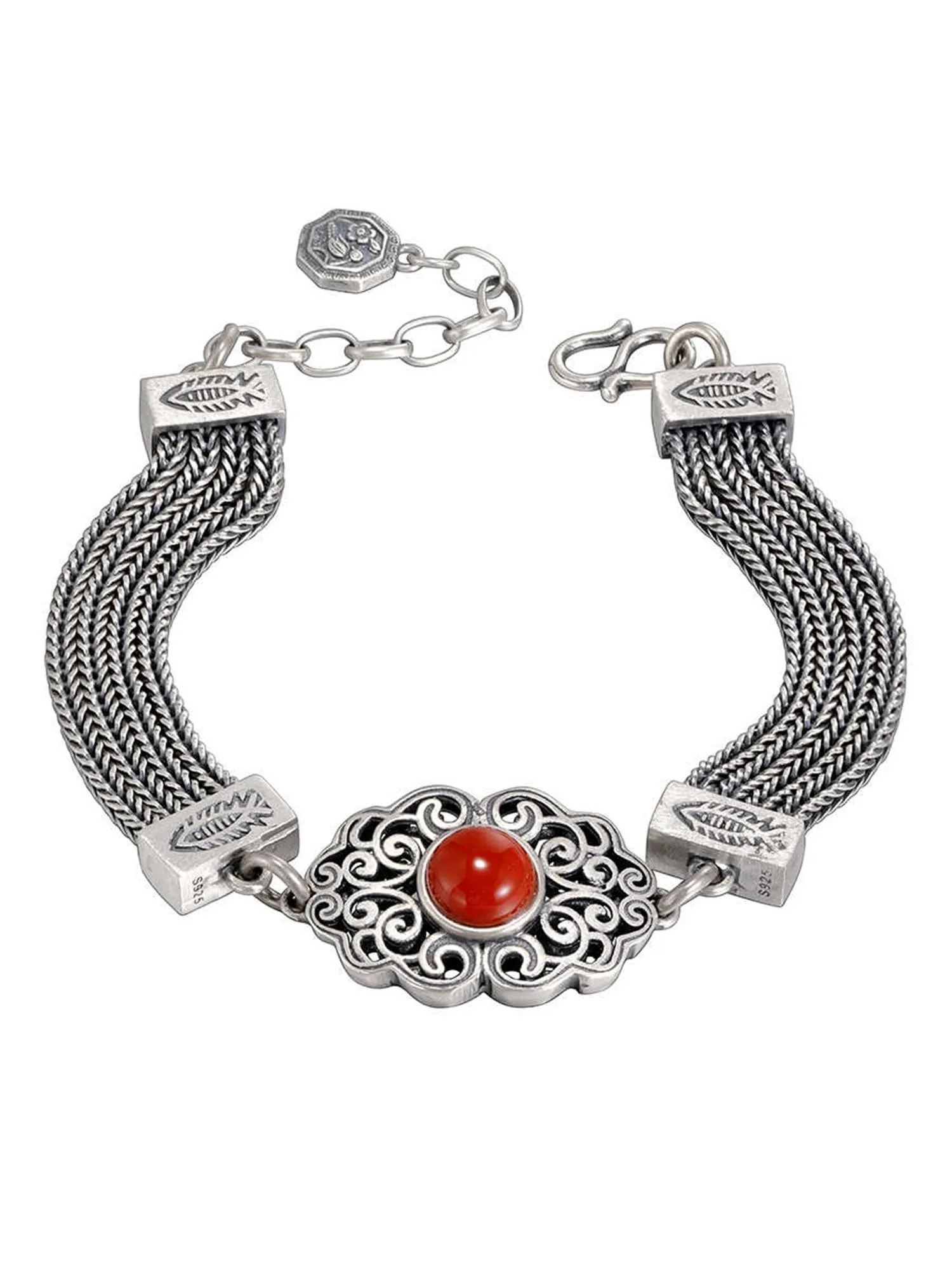 925 sterling silver vintage bracelet with gem inlay, celestial star and moon pattern, 17cm with 4cm extended chain, Xiangyun style