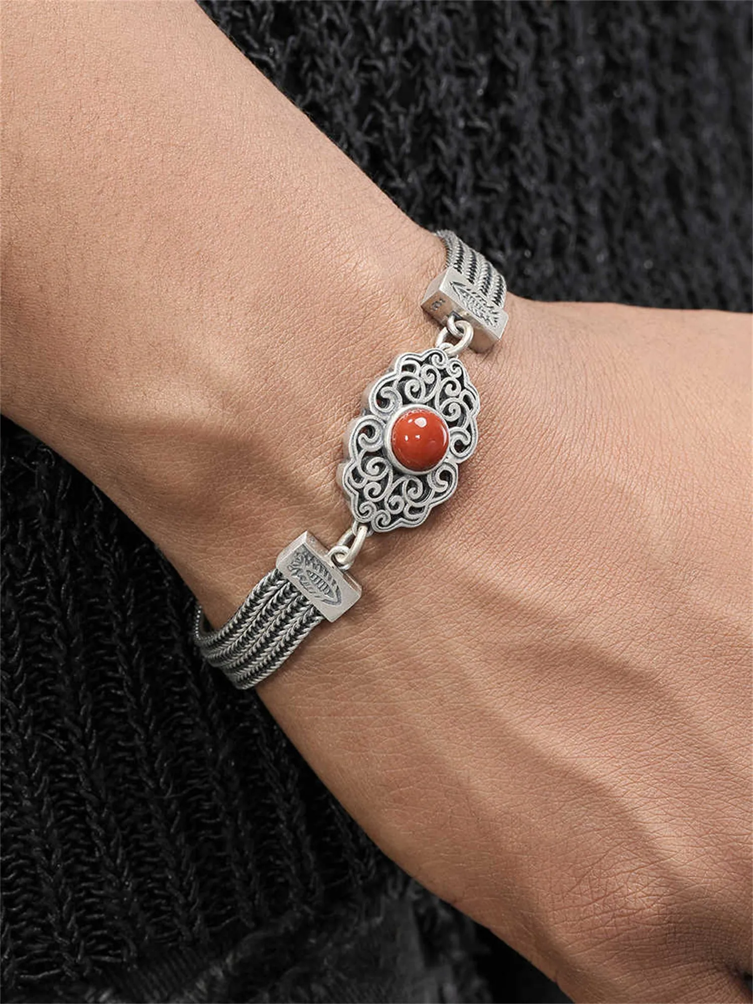925 sterling silver vintage bracelet with gem inlay, celestial star and moon pattern, 17cm with 4cm extended chain, Xiangyun style