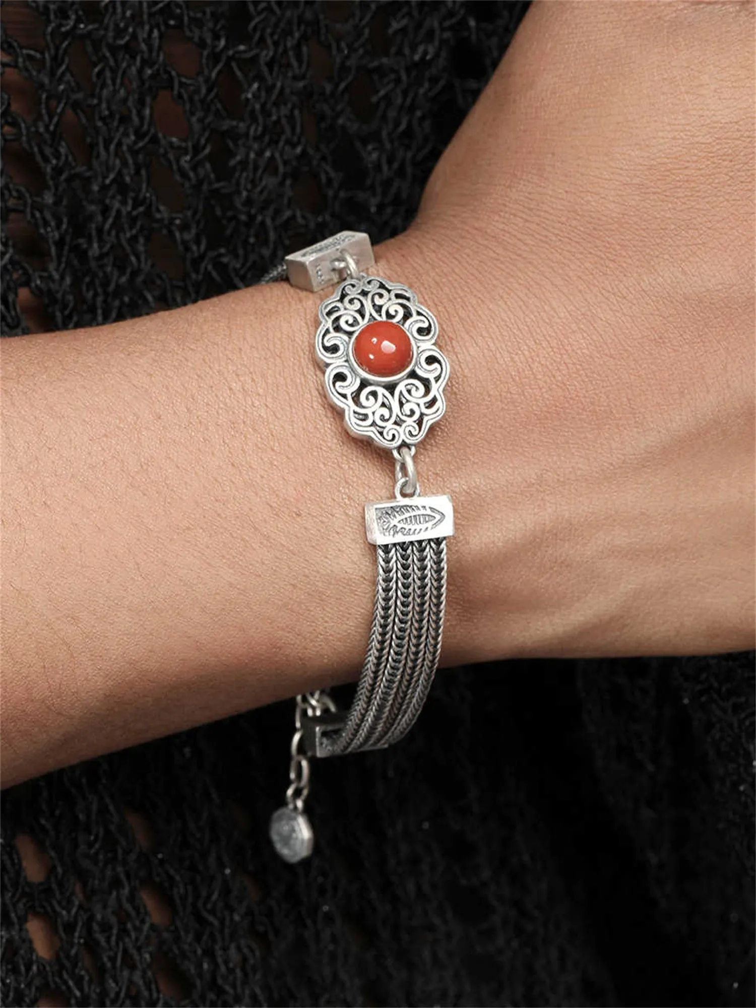 925 sterling silver vintage bracelet with gem inlay, celestial star and moon pattern, 17cm with 4cm extended chain, Xiangyun style