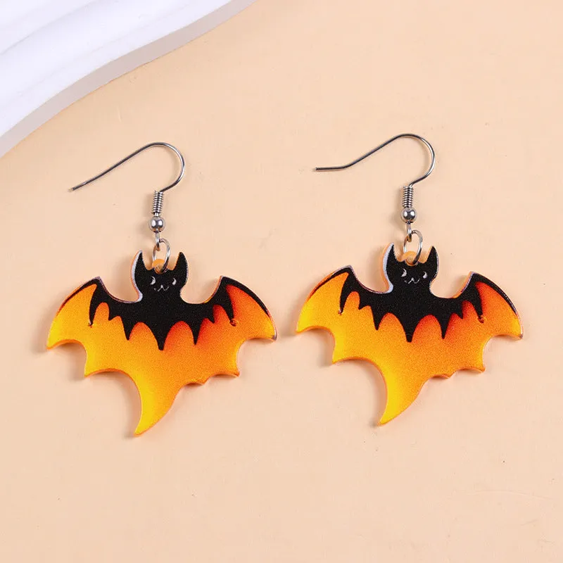 European American Halloween acrylic earrings with bat pumpkin ghost geometric design
