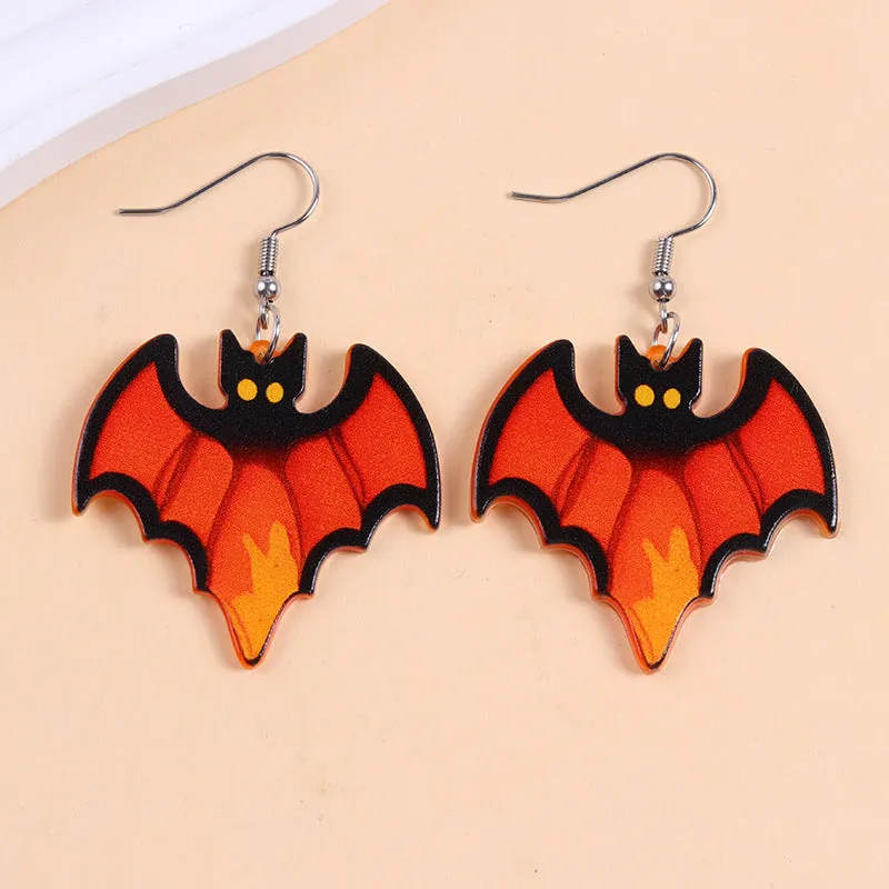 European American Halloween acrylic earrings with bat pumpkin ghost geometric design