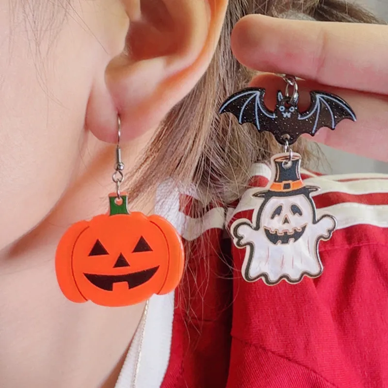 European American Halloween acrylic earrings with bat pumpkin ghost geometric design