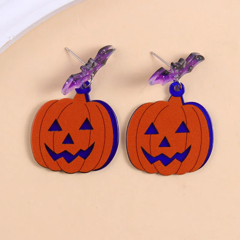 European American Halloween acrylic earrings with bat pumpkin ghost geometric design