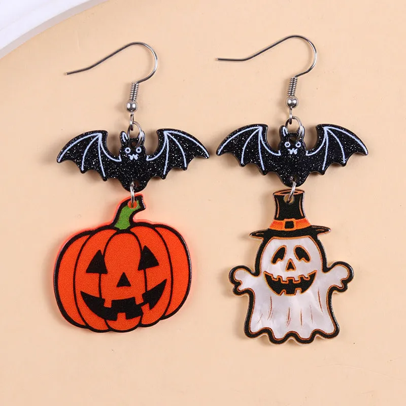European American Halloween acrylic earrings with bat pumpkin ghost geometric design