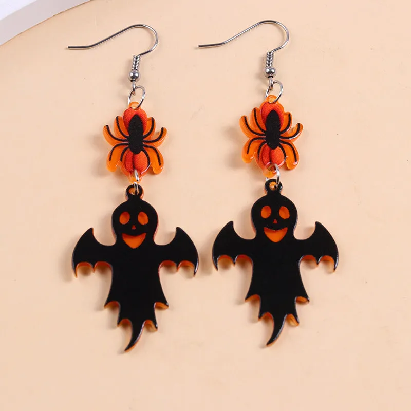 European American Halloween acrylic earrings with bat pumpkin ghost geometric design