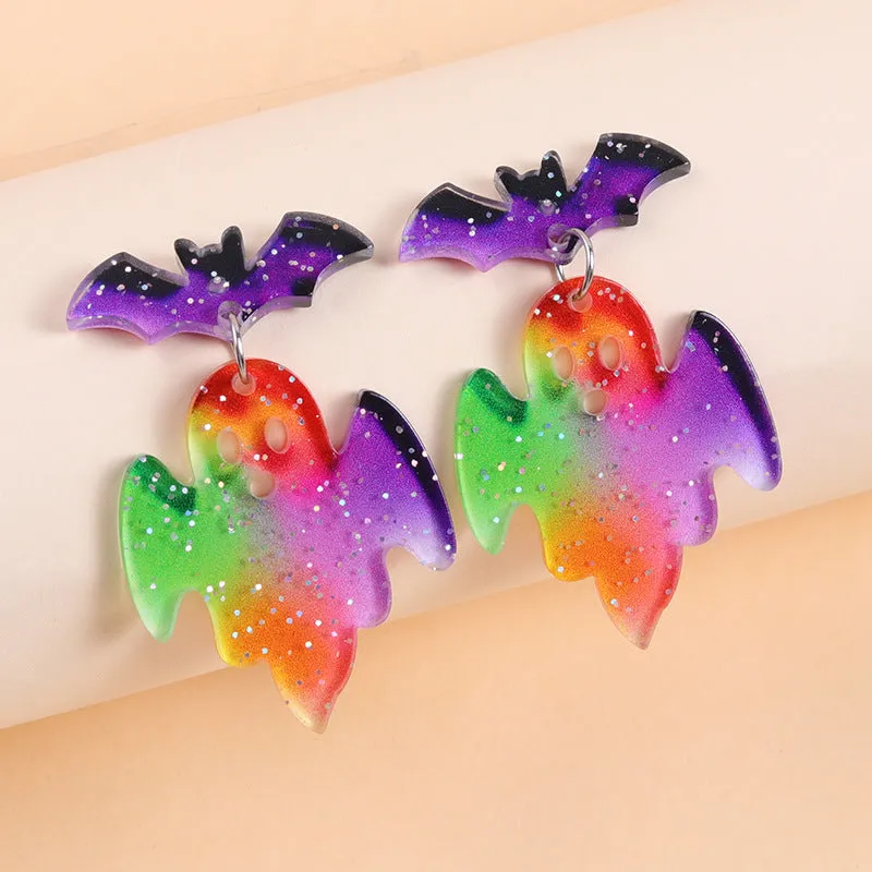 European American Halloween acrylic earrings with bat pumpkin ghost geometric design