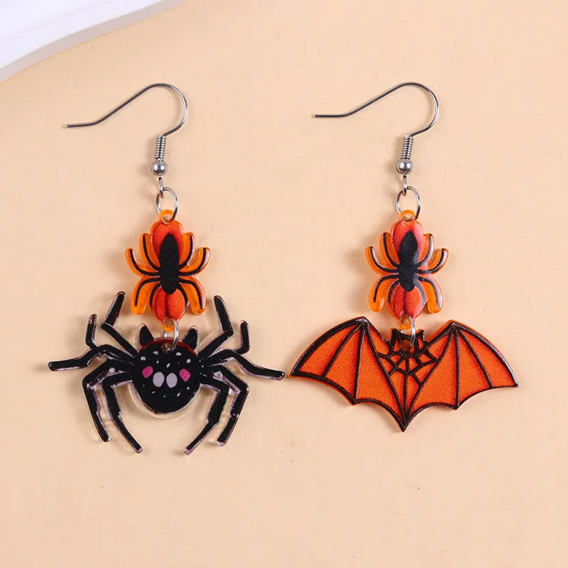 European American Halloween acrylic earrings with bat pumpkin ghost geometric design
