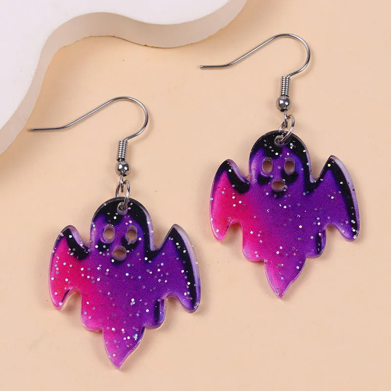 European American Halloween acrylic earrings with bat pumpkin ghost geometric design