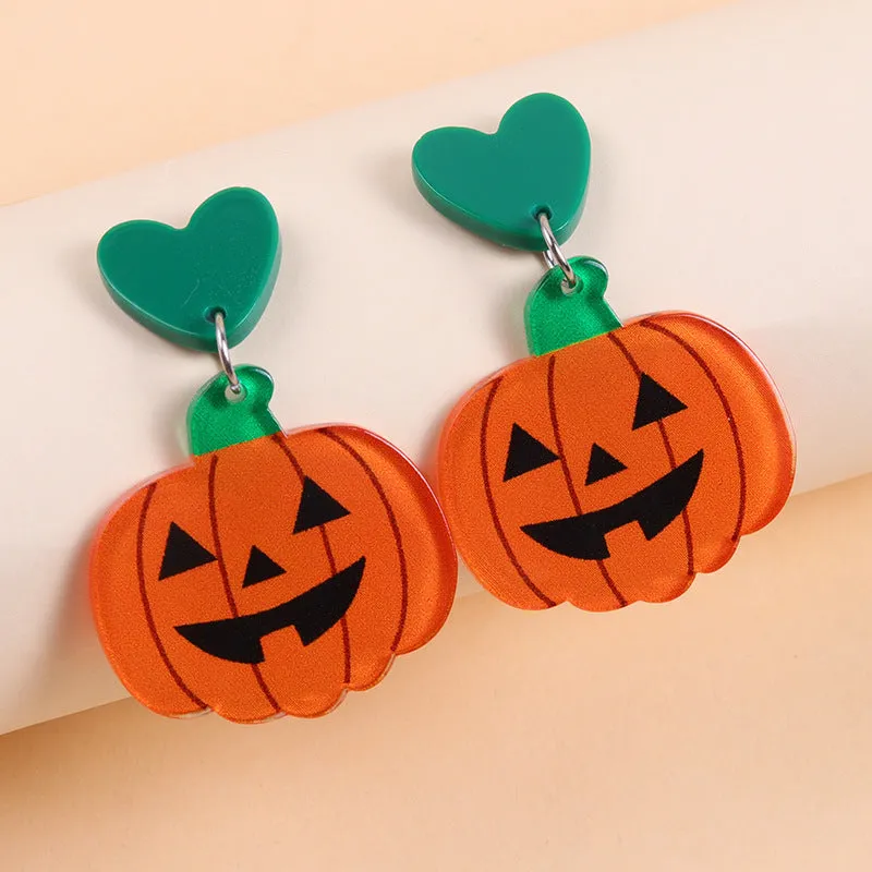 European American Halloween acrylic earrings with bat pumpkin ghost geometric design
