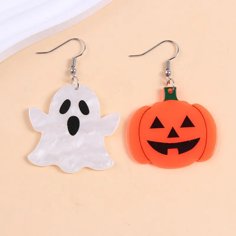 European American Halloween acrylic earrings with bat pumpkin ghost geometric design