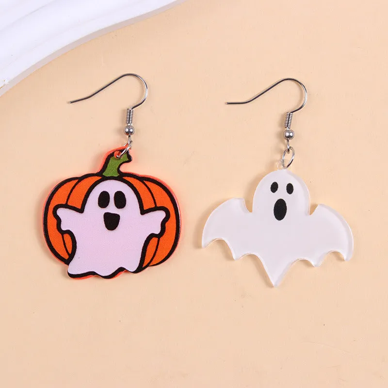 European American Halloween acrylic earrings with bat pumpkin ghost geometric design