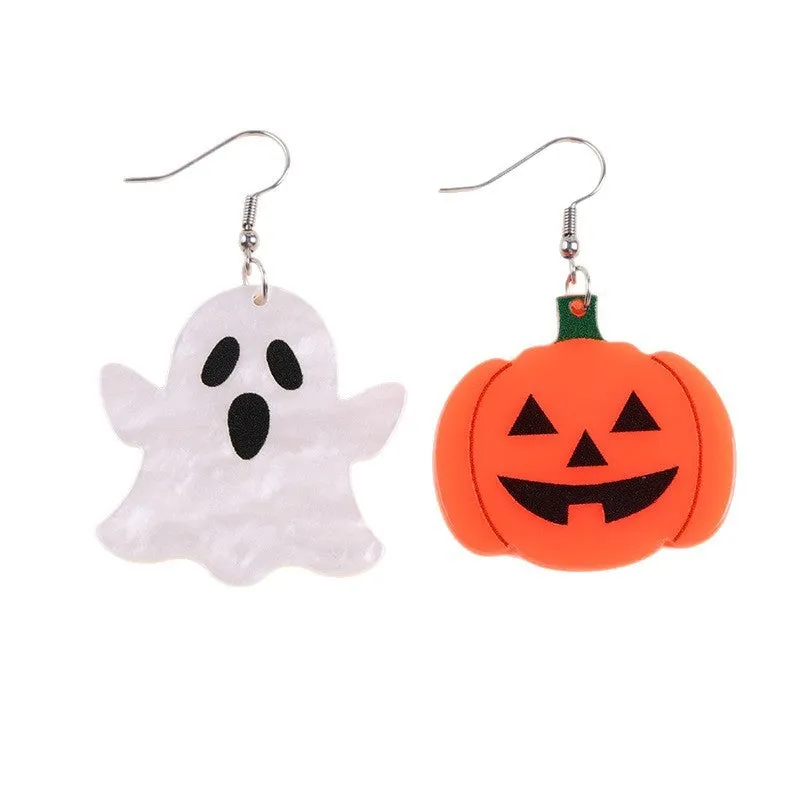 European American Halloween acrylic earrings with bat pumpkin ghost geometric design