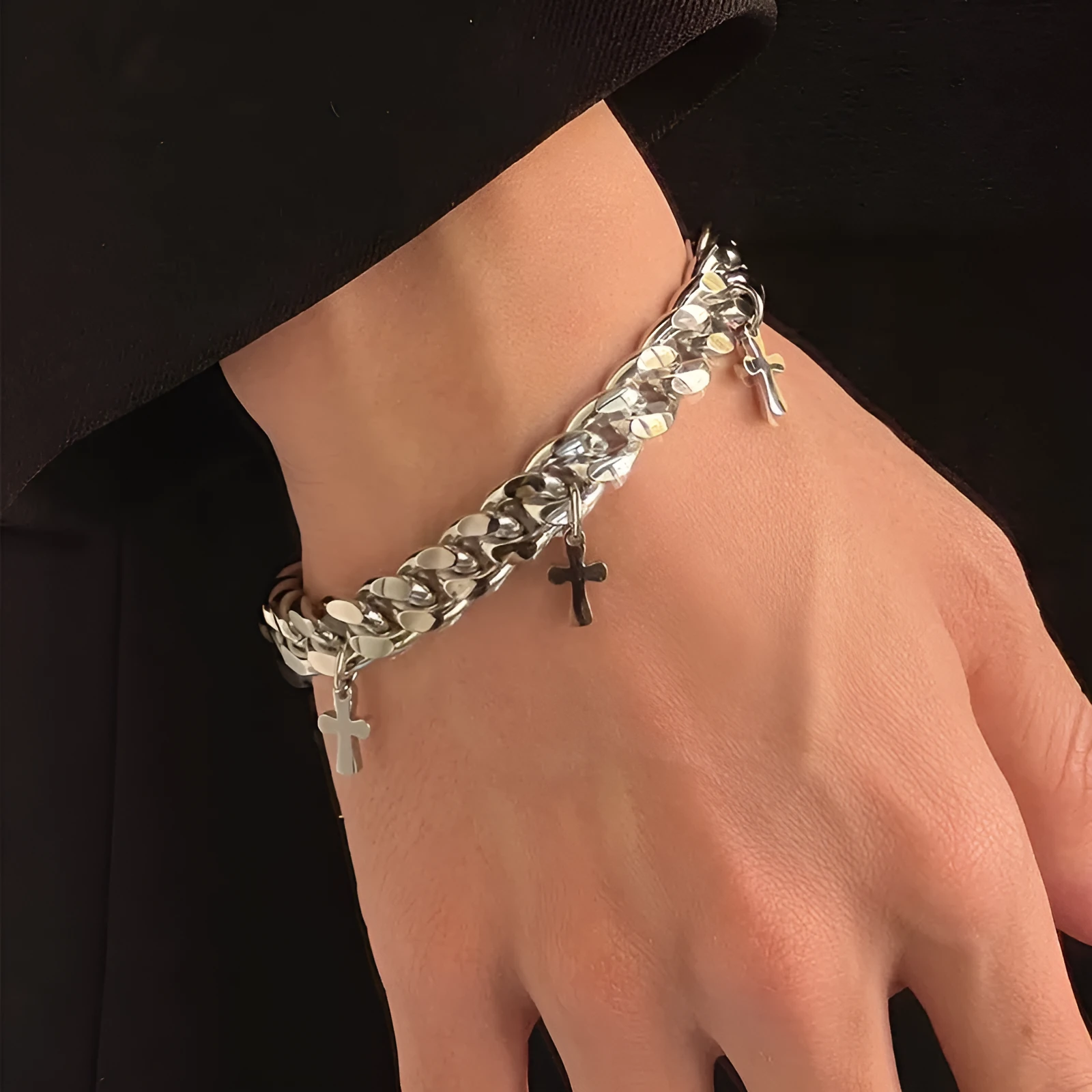 Men's geometric cross bracelet in titanium steel with minimalist design
